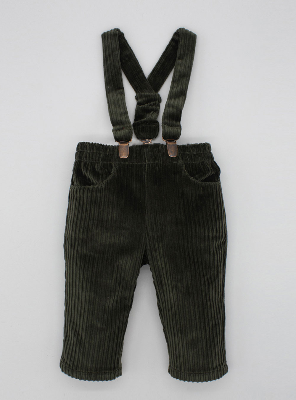 Dark green cord trousers with braces 1