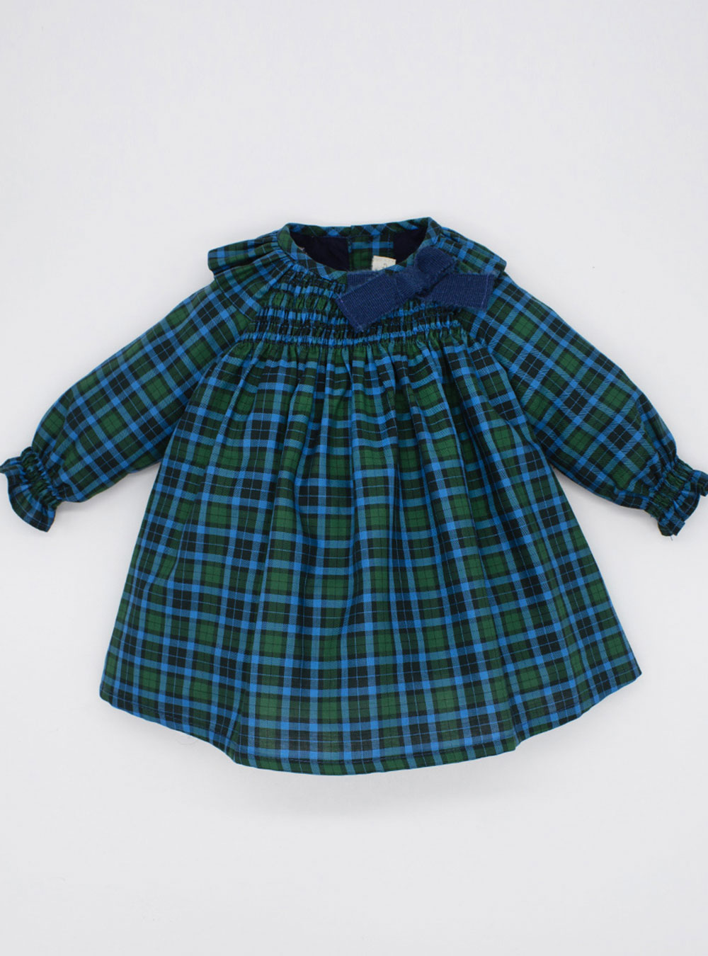 navy and green check bow dress 1